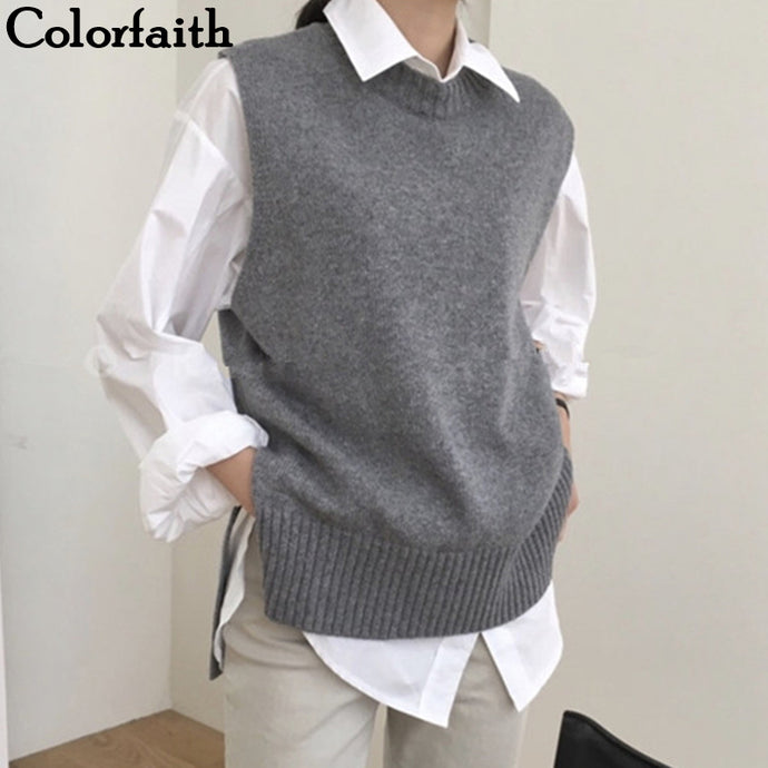 Colorfaith 2019 New Autumn Winter Women Sweaters Sleeveless Split O-Neck Vest Warm Minimalist Knitting Elegant Tops SWV9221