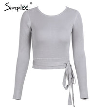 Load image into Gallery viewer, Simplee Casual tie up knitted sweater women Skinny slim knitting pull femme jumper Crop top winter sweater tricot pullover women